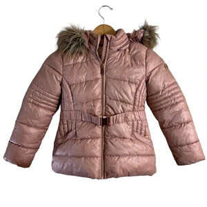 Michael Kors Pink Girls Coat 6X Faux Fur Hood Trim Full Zip Logo Belt Waist Clip